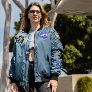 Up and Away Blue Zip Up Flight NASA Space Shuttle USA Bomber Vintage Jacket